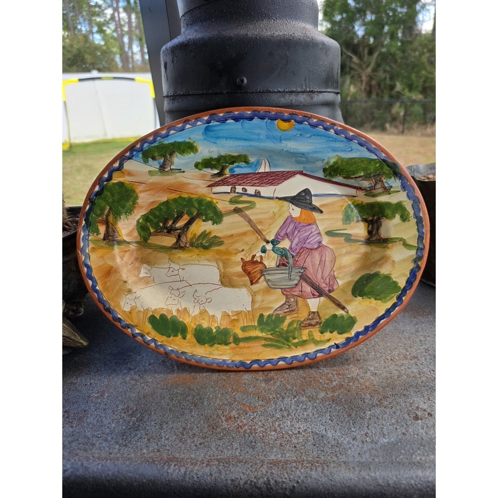 VTG Ovaria Ovar Portugal Hand Painted Pottery Platter Farmer Scene 13x10 Oval